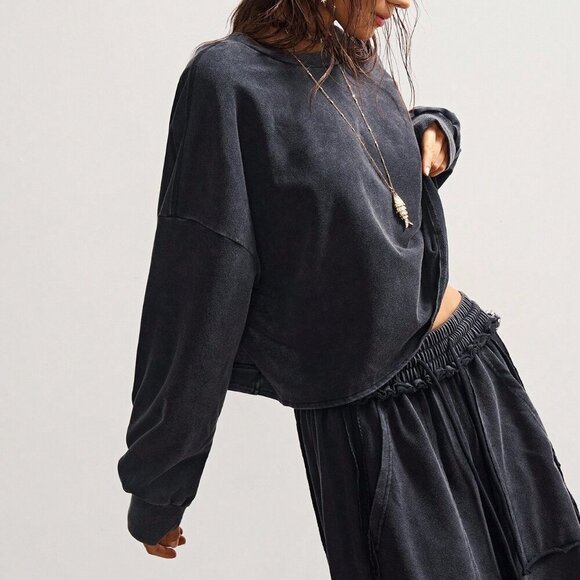 Black Casual Women's Washed Knit Long Sleeve Loose Backless Sweatshirt & pants - Picture 6 of 8